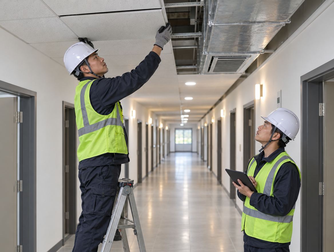 Technicians checking ceiling and HVAC duct in a renovated barracks corridor